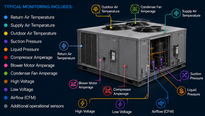 SINGLE CIRCUIT RTU KIT: equipment and monitoring sensor layout